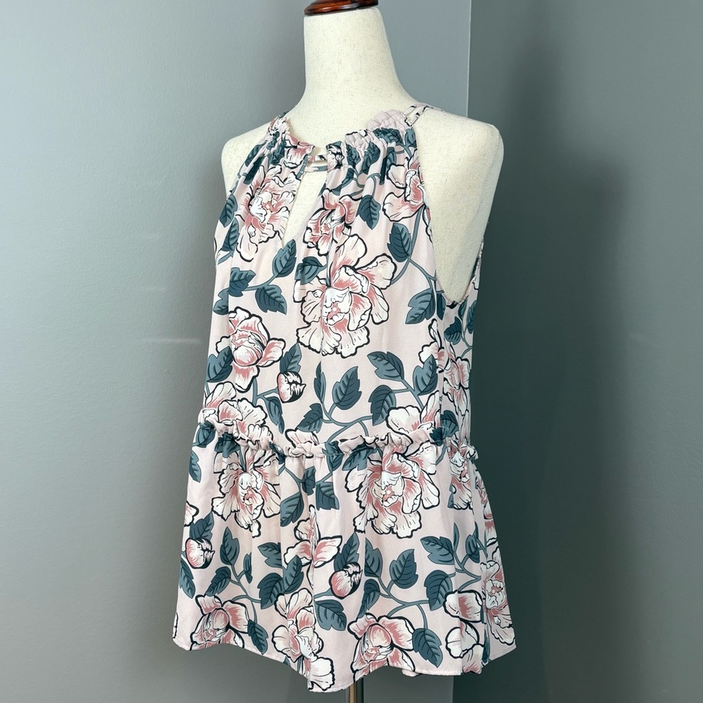 Loft Halter Top Size Small Powder Pink and Grey Peony Floral Ruffles Tiered